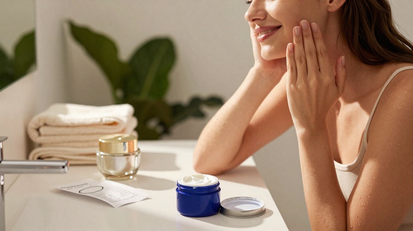 Mulher sorrindo aplicando creme facial branco à beira da pia com toalhas e plantas ao fundo.