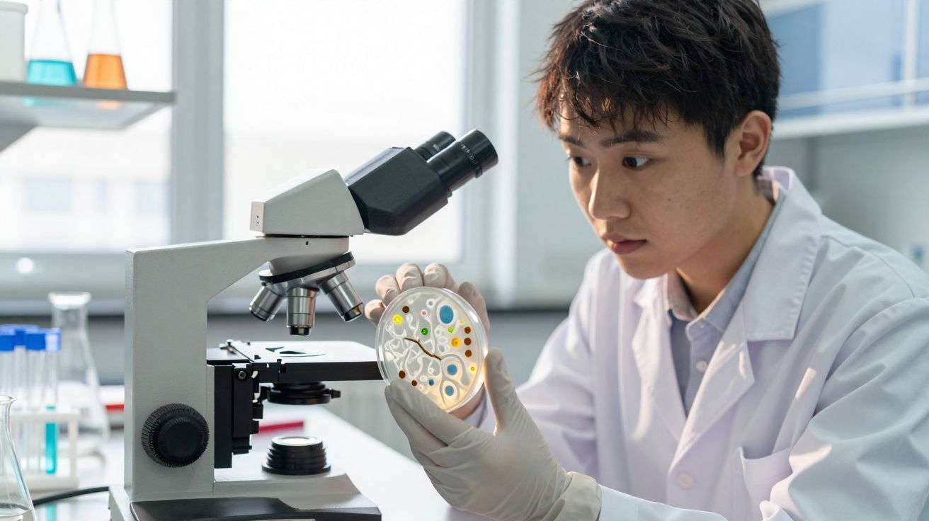 Jovem cientista observa uma placa de petri com colônias coloridas ao lado de microscópio em laboratório.