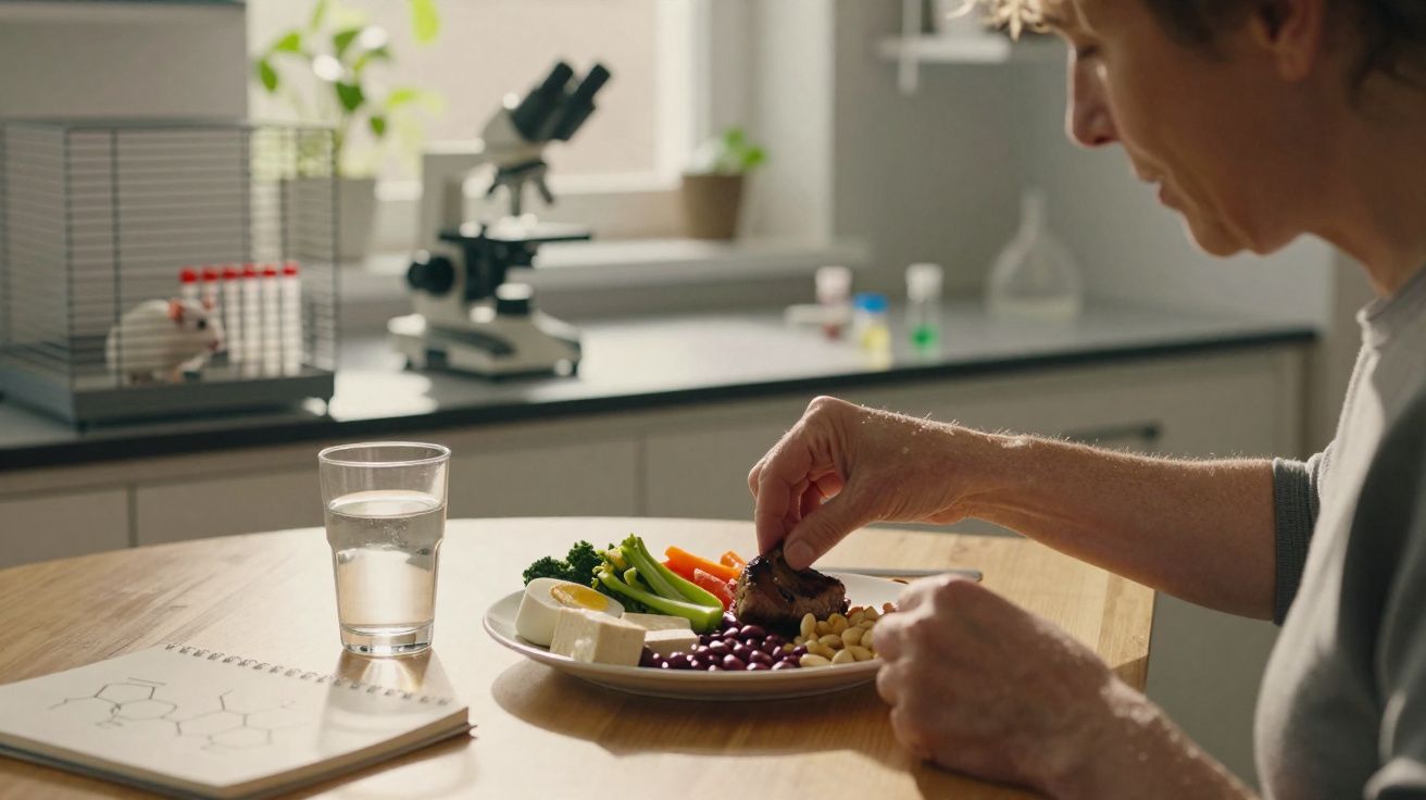 Pessoa comendo refeição saudável com legumes, ovo e feijão em mesa de cozinha iluminada.