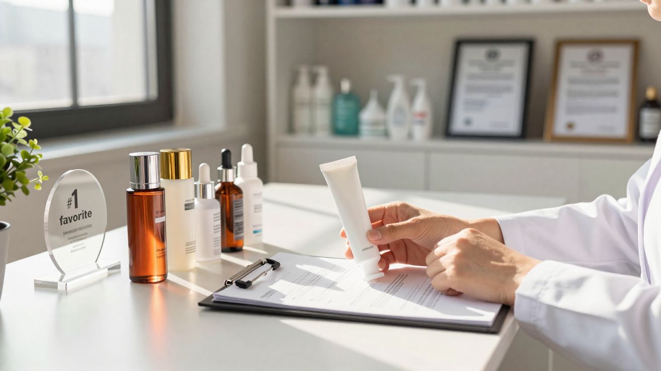 Mãos segurando tubo de cosmético sobre mesa com diversos frascos e prancheta em ambiente claro.
