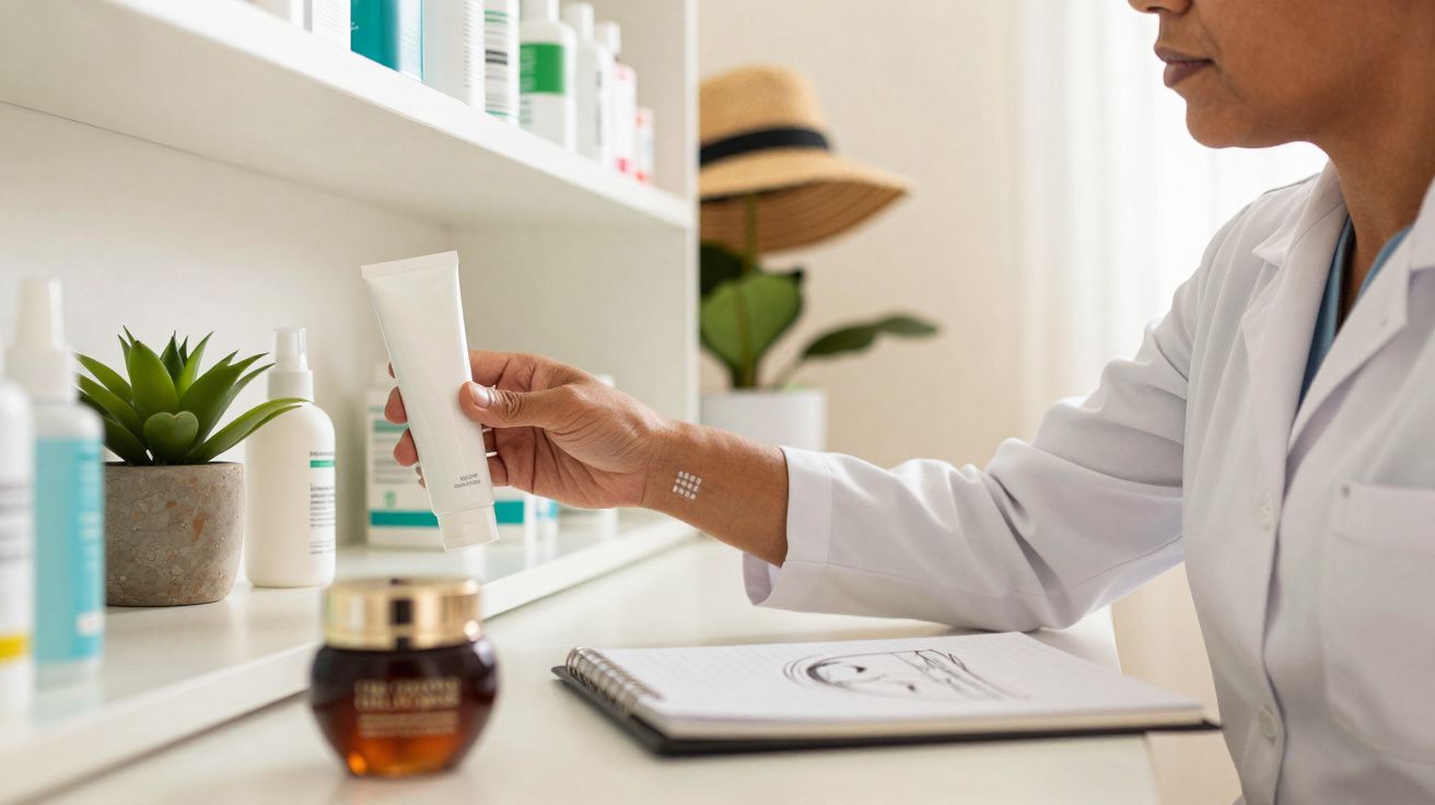 Pessoa em jaleco branco segurando tubo de creme em prateleira com produtos de beleza e caderno aberto.