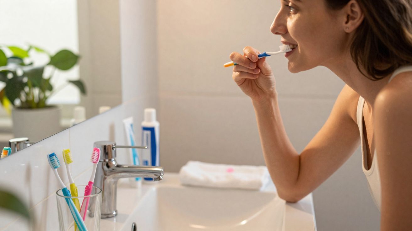 Mulher escovando os dentes em frente ao espelho no banheiro durante o dia.