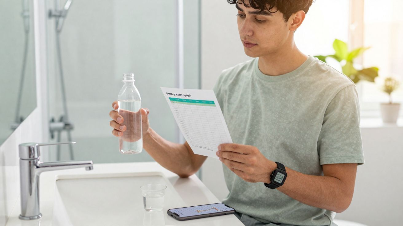 Homem segurando garrafa de água e gráfico sentado à pia de banheiro com celular apoio e copo de água.