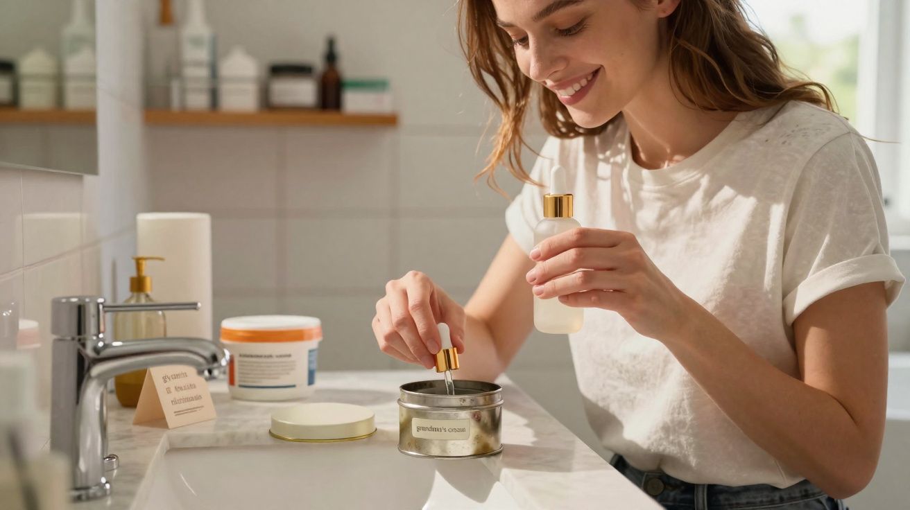 Mulher sorridente manuseando frasco com conta-gotas em bancada de banheiro clara.