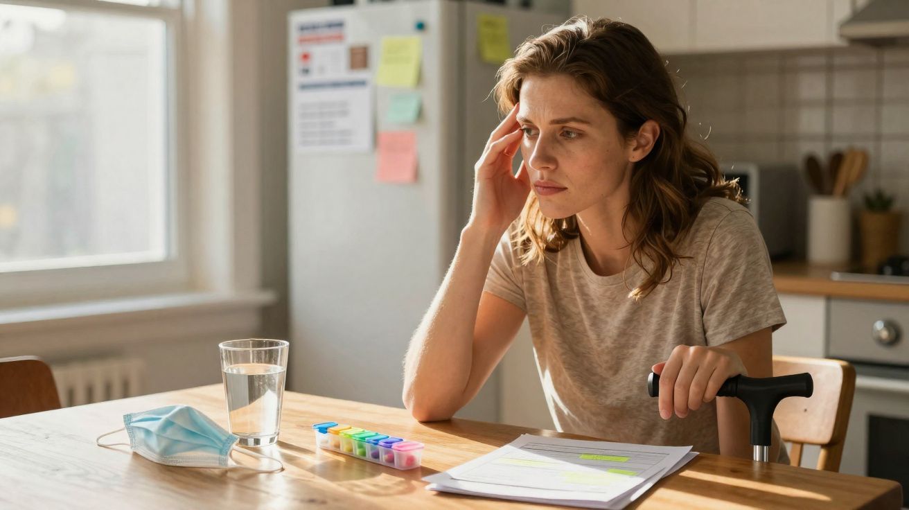 Mulher com expressão pensativa sentada à mesa com papéis, máscara, copo d'água e bengala.