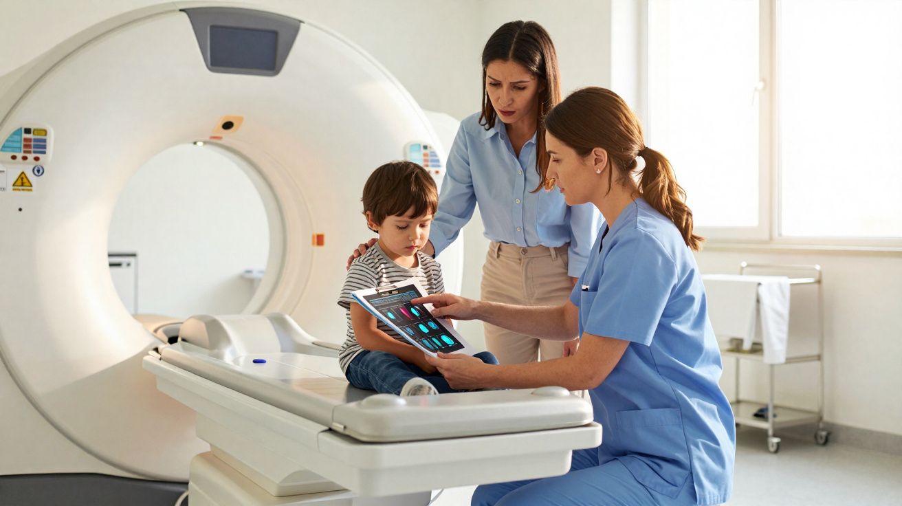 Criança sentada em aparelho de tomografia, com enfermeira mostrando exames no tablet e mãe ao lado.