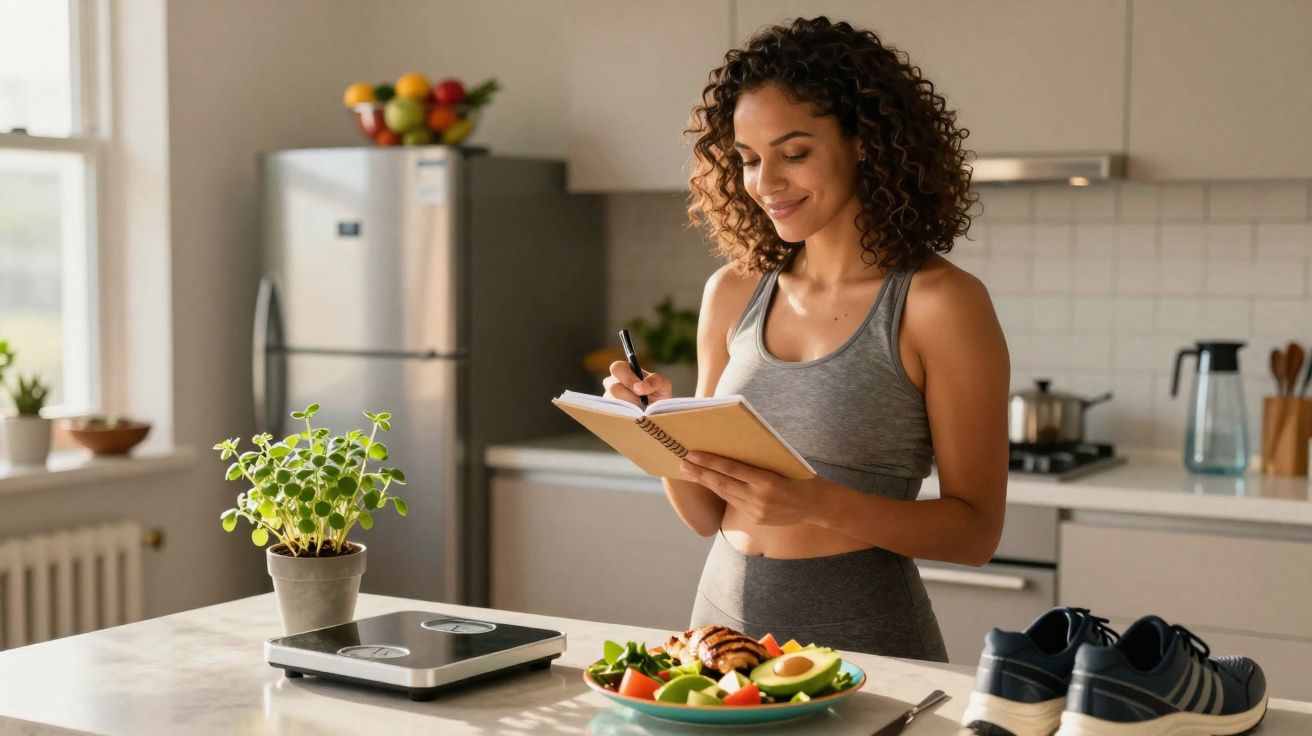 Mulher sorridente anotando em caderno na cozinha com prato de salada e tênis ao lado.
