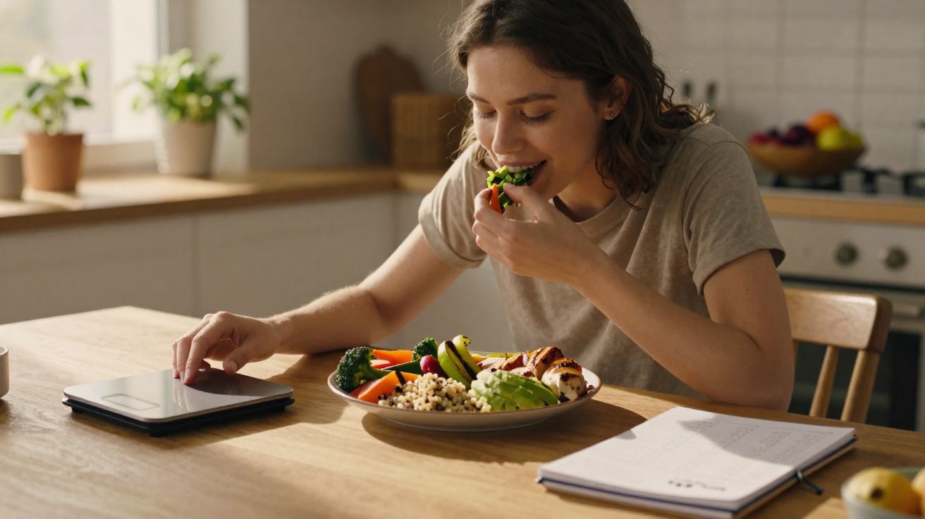 Mulher comendo salada saudável sentada à mesa com prato de comida, balança e caderno na cozinha.