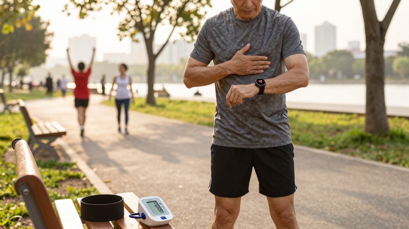 Homem medindo pressão arterial com aparelho e smartwatch em parque durante caminhada matinal.