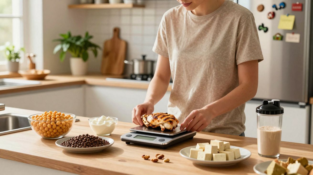 Mulher pesando peito de frango grelhado em balança na cozinha com diversos alimentos ao redor.