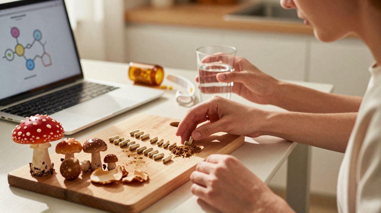Pessoa abrindo cápsulas de suplementos de cogumelos sobre tábua, com copo d'água e laptop ao fundo.