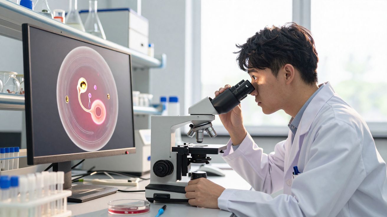 Pesquisador usando microscópio em laboratório com imagem ampliada de célula na tela do computador.