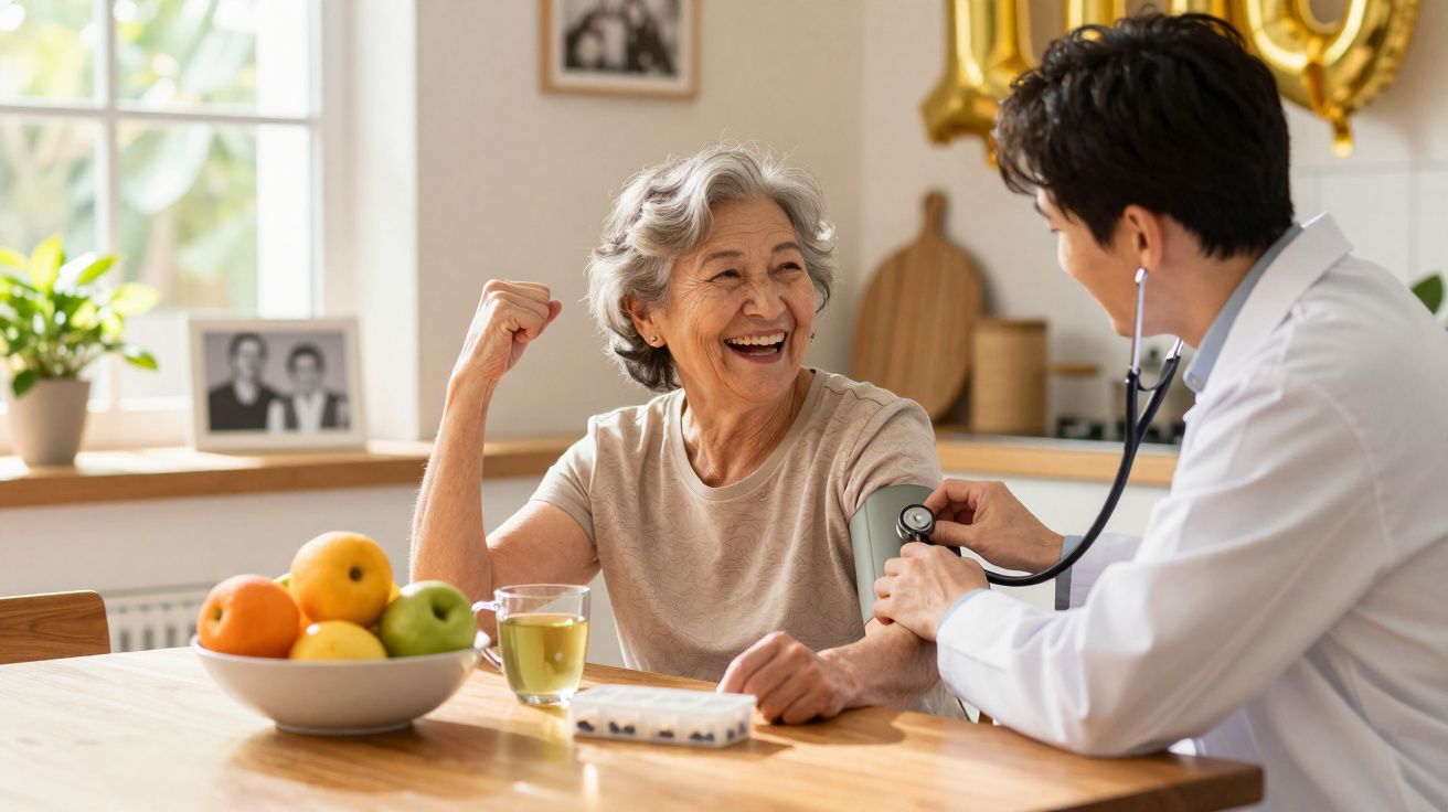 Idosa sorridente recebendo aferição de pressão arterial feita por médico em ambiente doméstico.