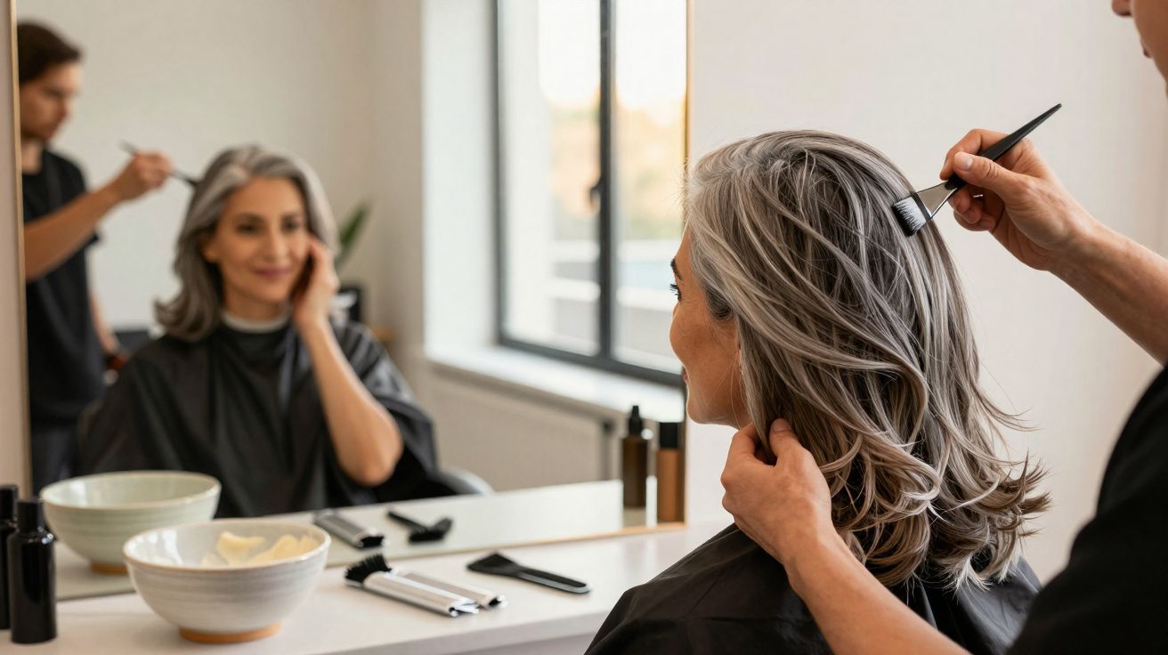 Mulher sorrindo sentada em salão de beleza com cabelo sendo pintado por cabeleireiro.