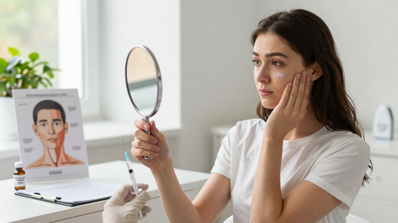 Mulher aplica creme no rosto enquanto segura espelho em clínica dermatológica.