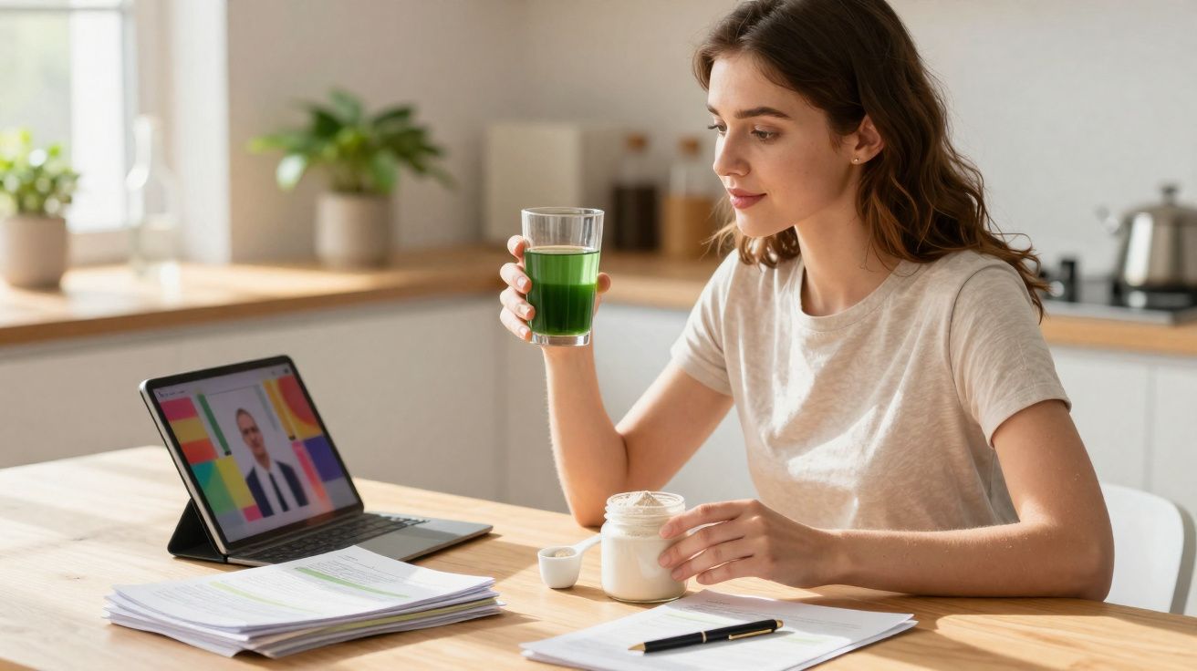 Mulher jovem em sala iluminada, participando de videochamada, segurando copo com suco verde e pote branco.