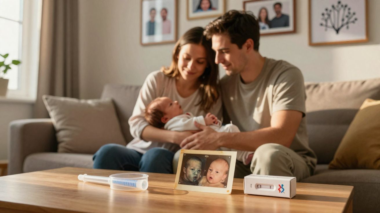 Casal sorrindo segurando bebê no colo, com teste de DNA e foto de crianças na mesa à frente.