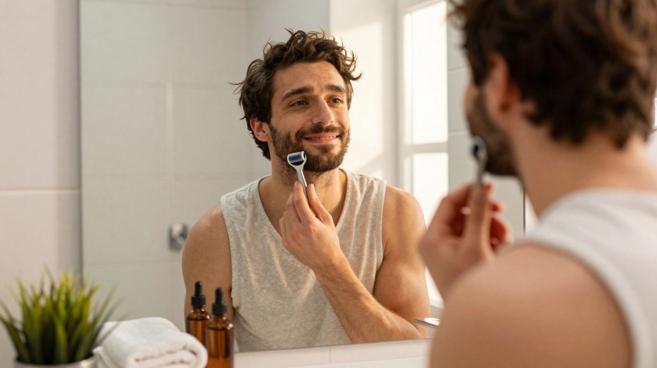 Homem sorridente usando dermaroller no rosto em frente ao espelho no banheiro iluminado.