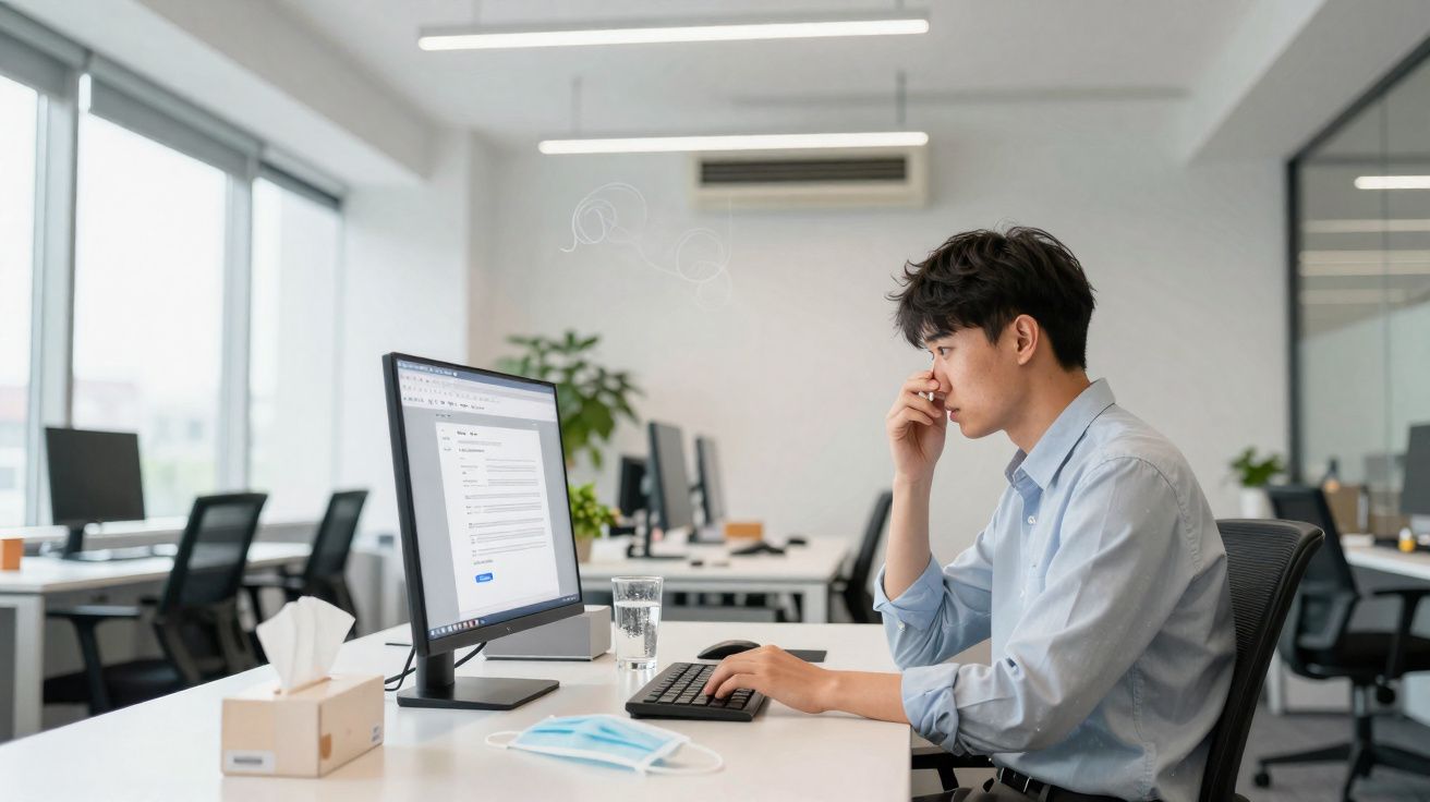 Homem sentado em escritório moderno, concentrado olhando para tela do computador.