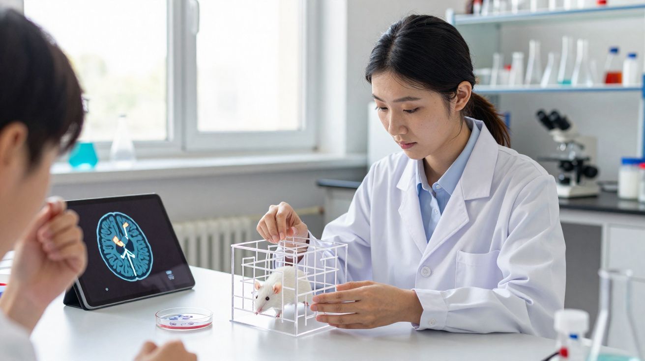 Pesquisadora manuseando rato branco em gaiola durante experimento em laboratório científico.