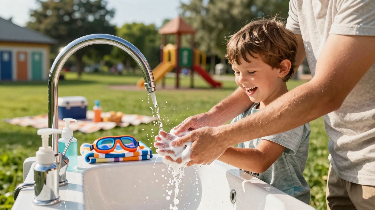 Criança sorridente lavando as mãos com ajuda de um adulto em uma pia externa no parque.