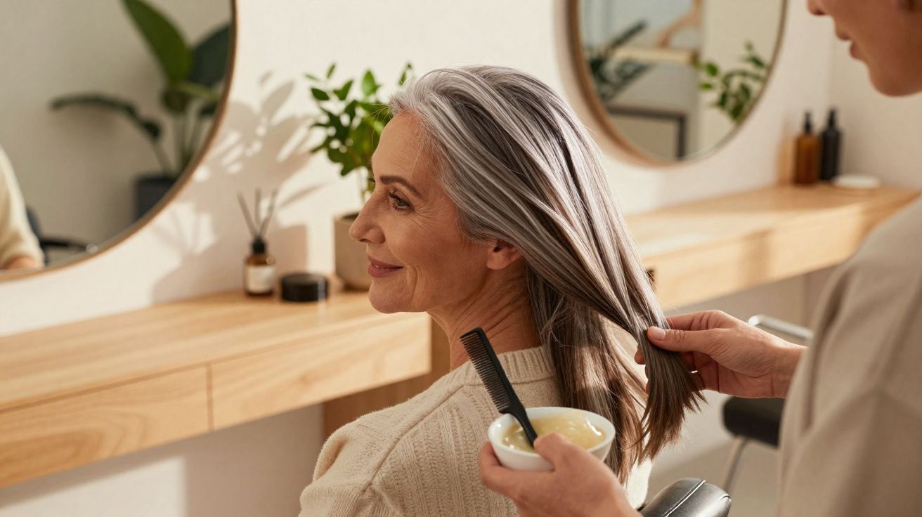 Mulher grisalha sorridente recebendo tratamento capilar em salão de beleza moderno e iluminado.