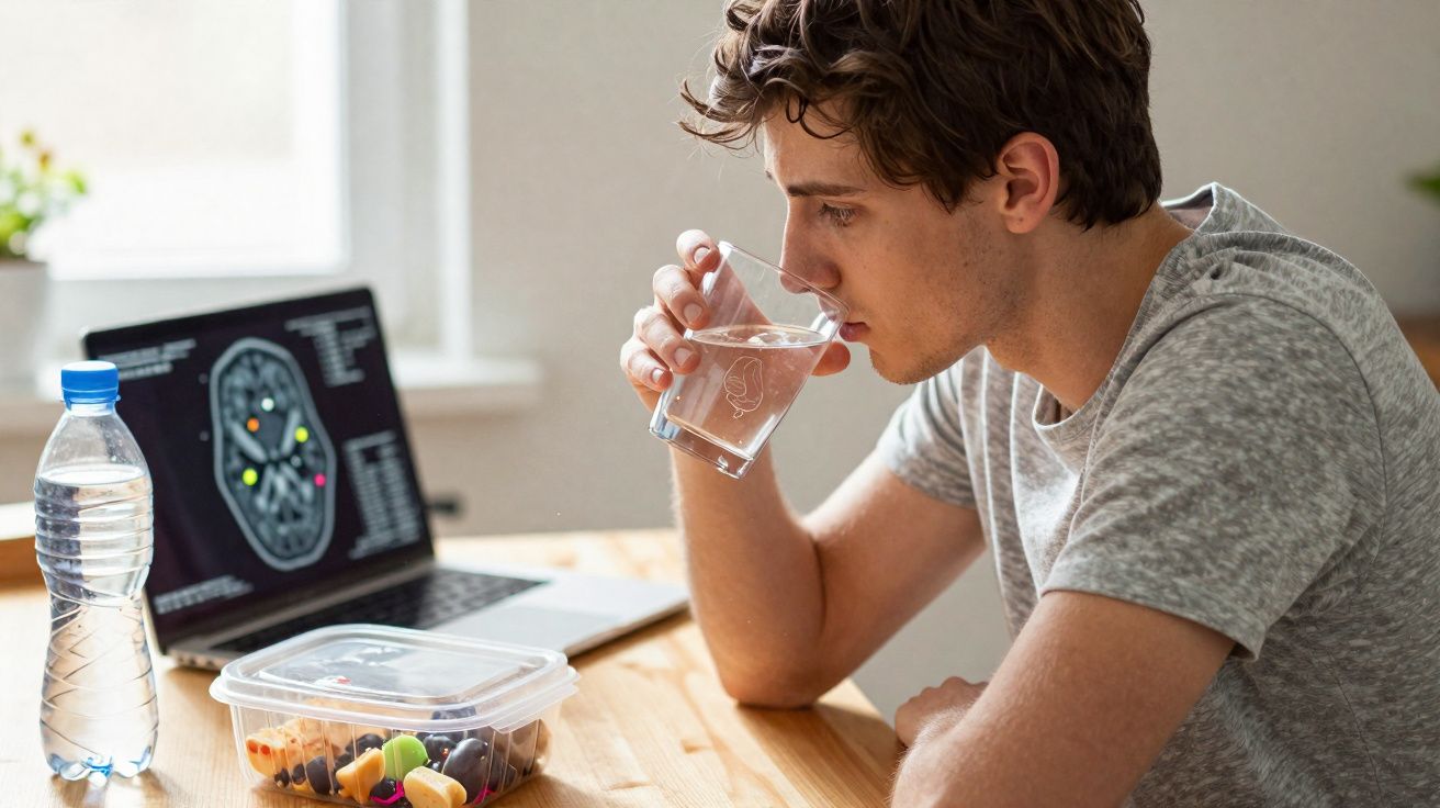 Homem jovem bebendo água sentado à mesa com alimentos saudáveis e laptop com exame cerebral aberto.