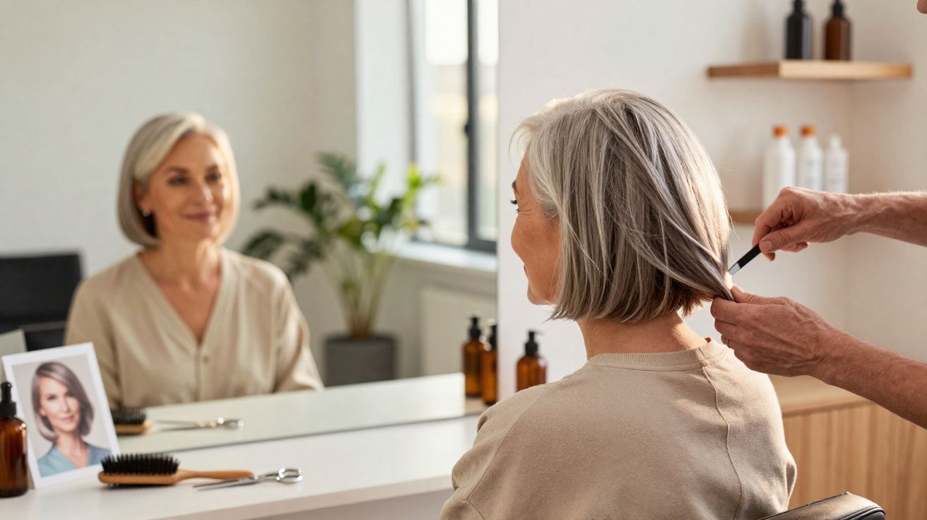 Mulher madura com cabelo grisalho sendo penteada em salão, olhando no espelho e sorrindo.