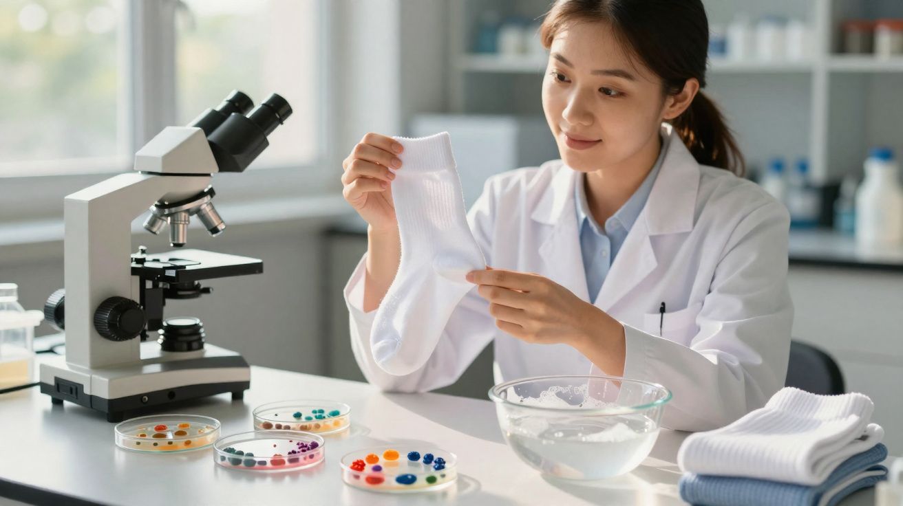 Cientista em laboratório analisa meias brancas ao lado de petri com líquidos coloridos e um microscópio.