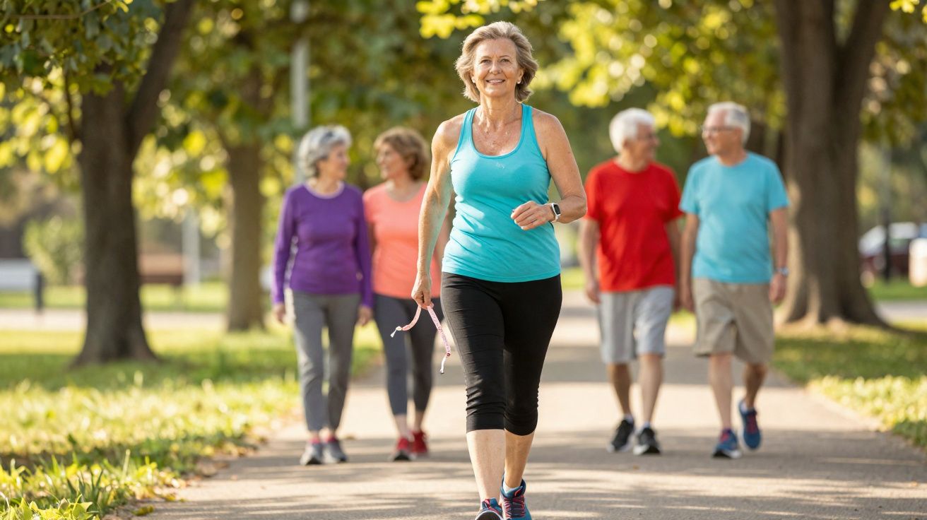 Mulher sorridente caminhando à frente de grupo de idosos caminhando em parque ensolarado.