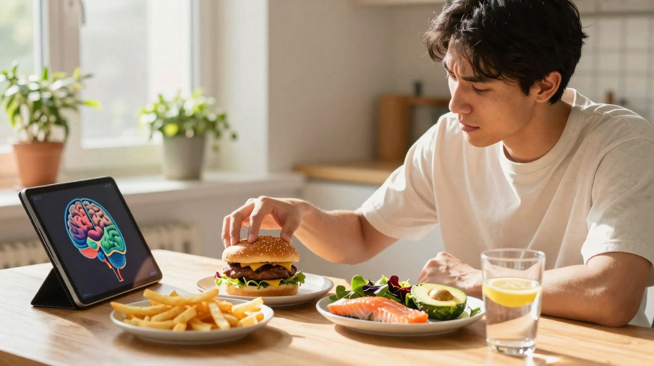 Jovem sentado à mesa escolhe hambúrguer diante de prato com salmão, abacate, salada e copo de água com limão.
