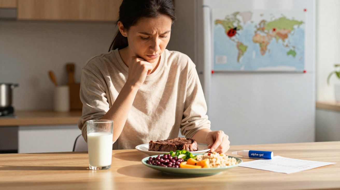 Mulher preocupada olhando para prato com carne, legumes, feijão e copo de leite na mesa de cozinha.