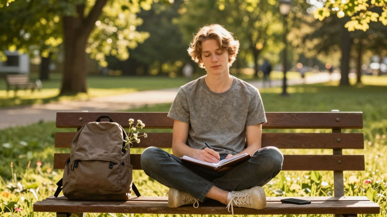 Jovem sentado de pernas cruzadas em banco de parque escrevendo em caderno em dia ensolarado.