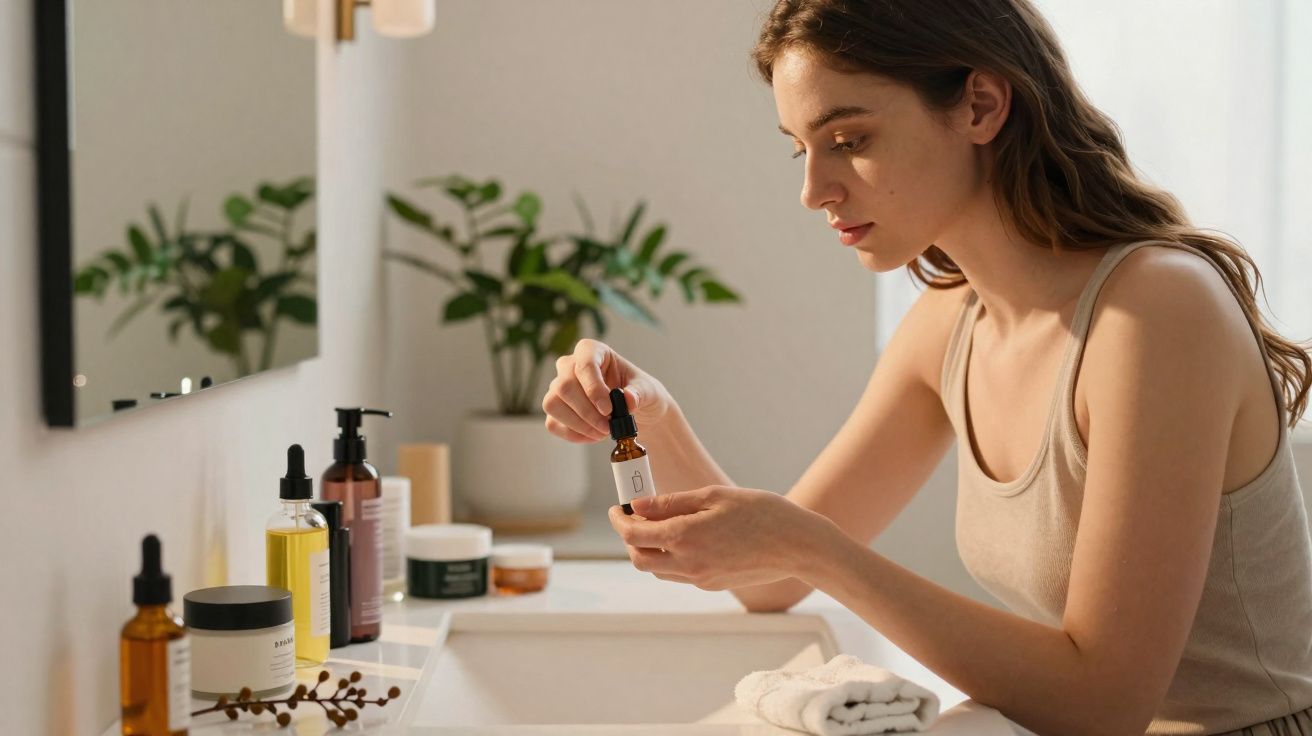 Mulher aplicando serum facial no banheiro com produtos de skincare sobre a pia e planta ao fundo.
