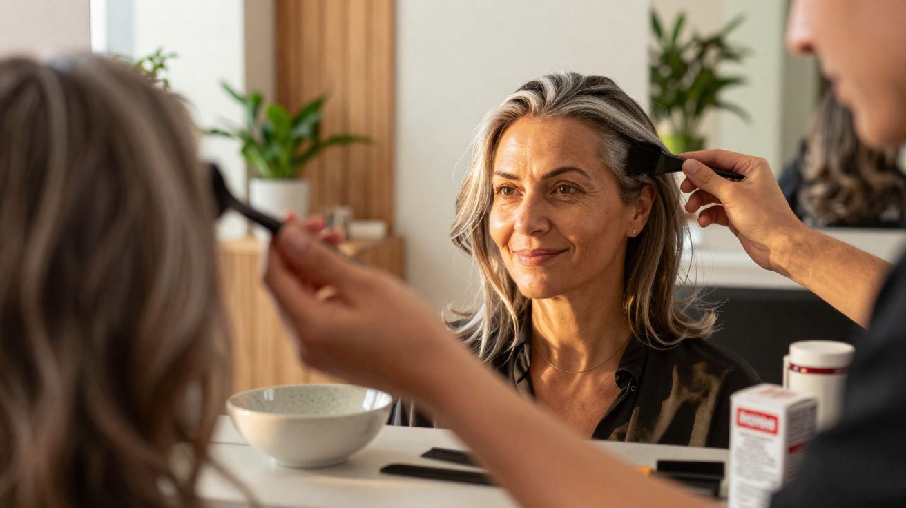 Mulher sorrindo enquanto recebe aplicação de maquiagem em frente a um espelho em ambiente interno.