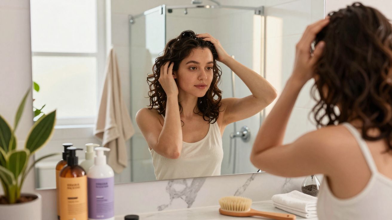 Mulher de camiseta branca cuidando do cabelo em frente ao espelho no banheiro.
