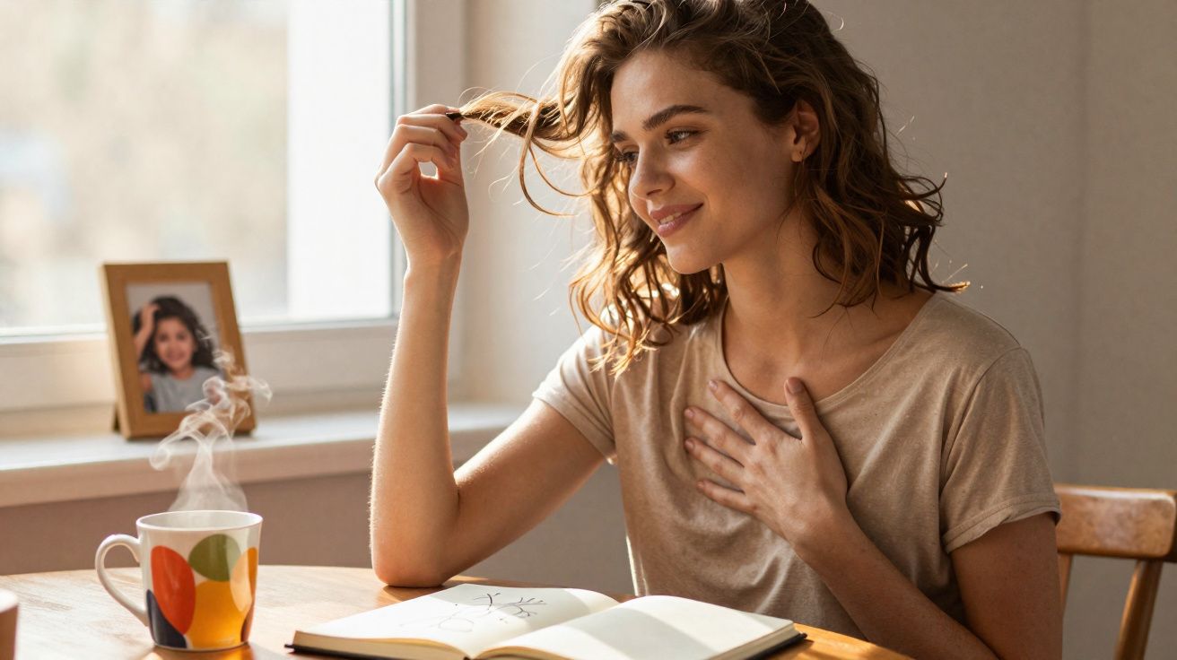 Mulher sorridente sentada à mesa com livro aberto, segurando o peito e mexendo no cabelo.