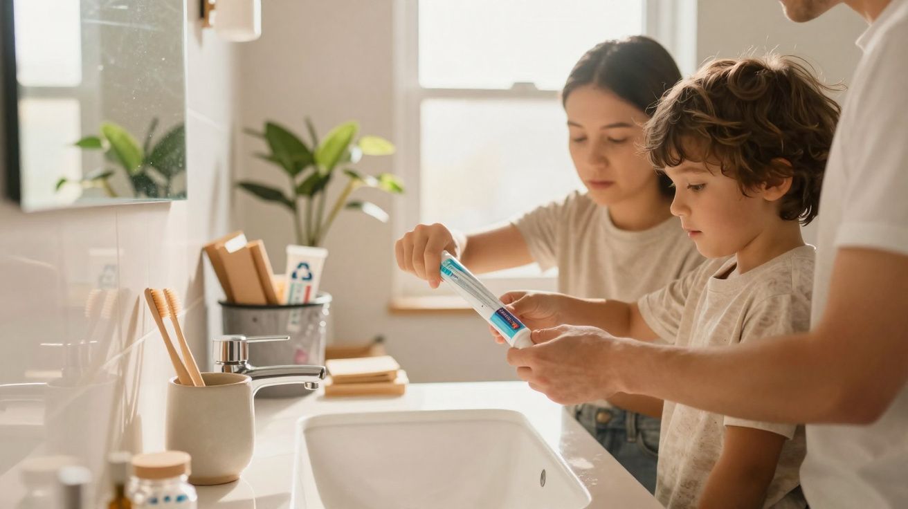 Criança e adulto aprendendo a escovar os dentes juntos em banheiro iluminado por luz natural.
