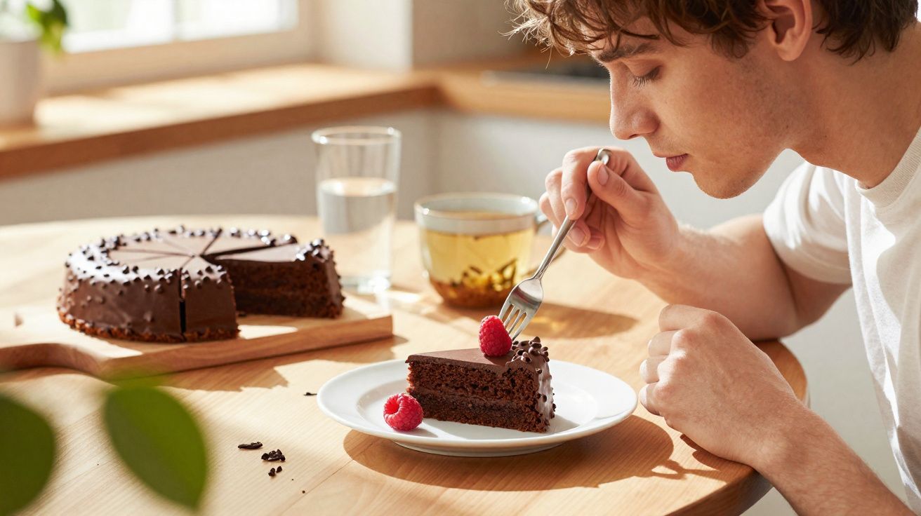 Jovem segurando garfo com pedaço de bolo de chocolate decorado com framboesas em prato branco.