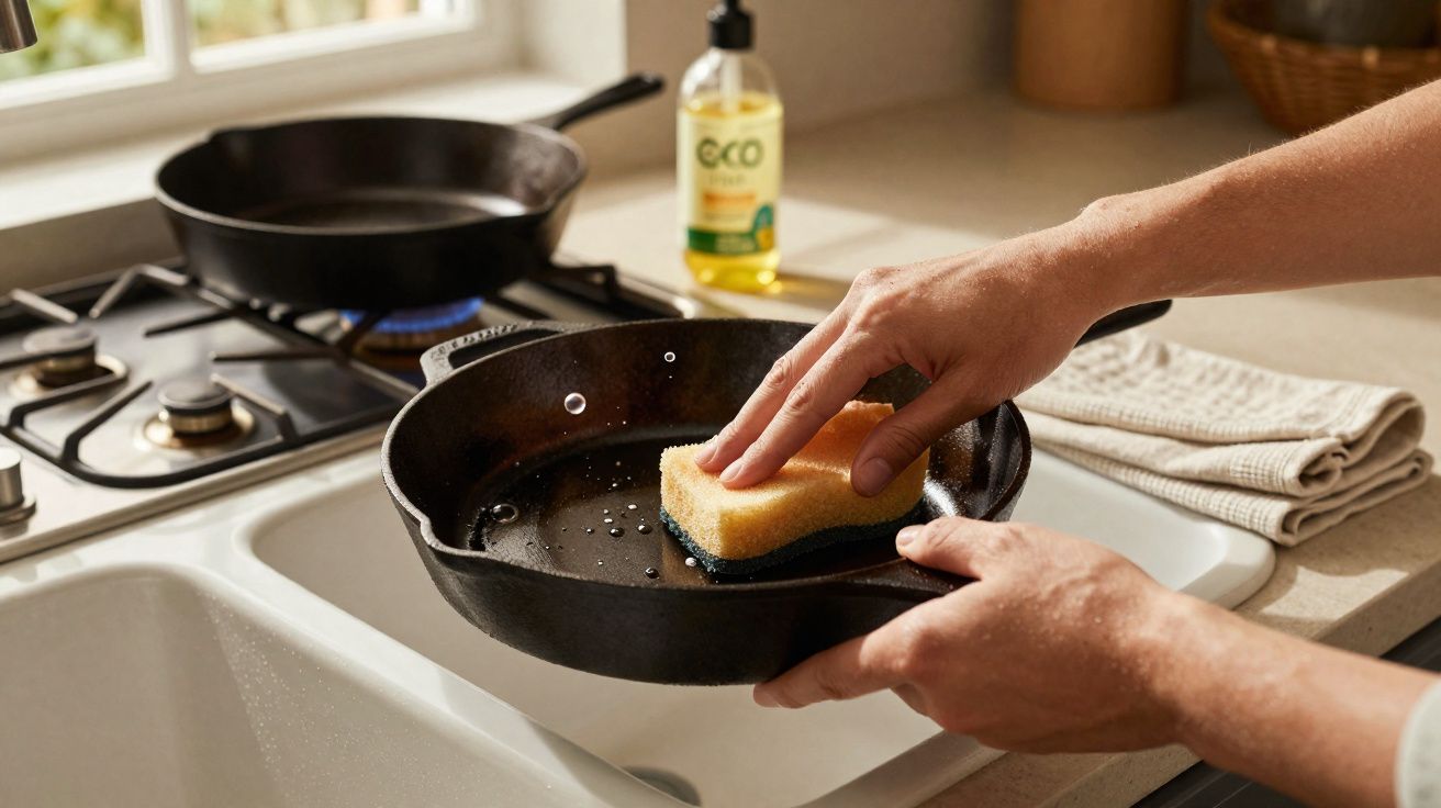 Pessoa limpando frigideira preta de ferro com esponja amarela na pia da cozinha.