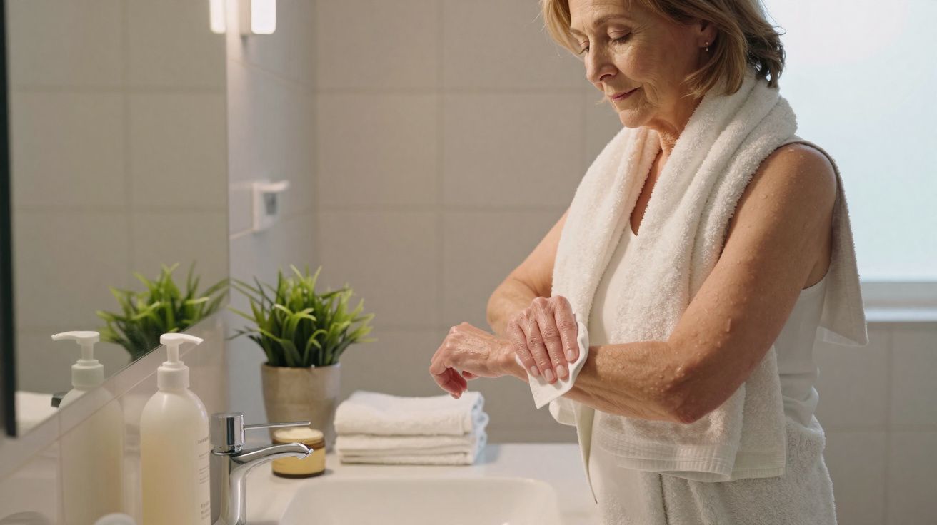 Mulher madura cuidando da pele do braço em banheiro com toalha branca e plantas decorativas.