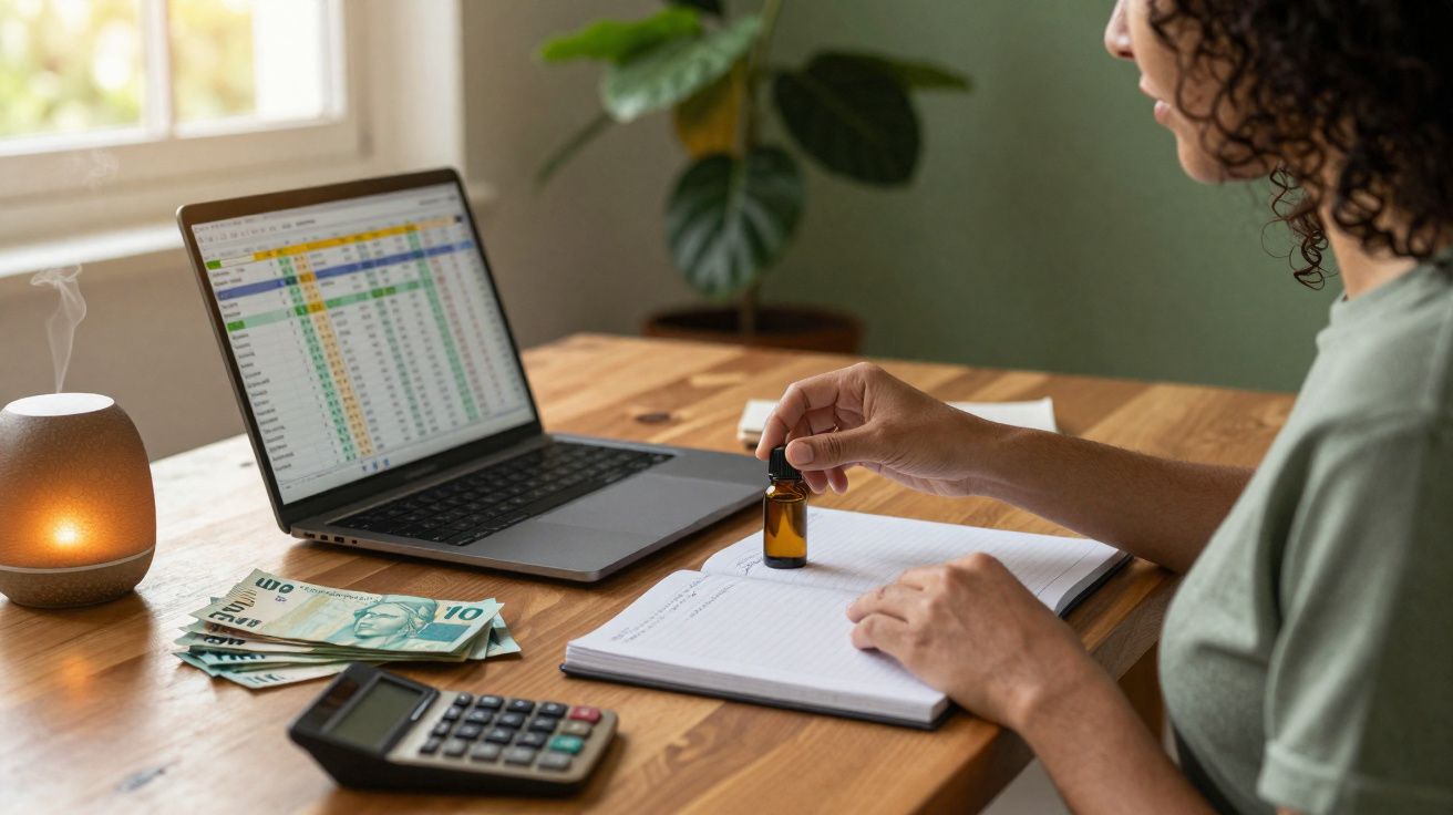 Pessoa segurando frasco de óleo essencial, calculadora, dinheiro, laptop e caderno sobre mesa de madeira.