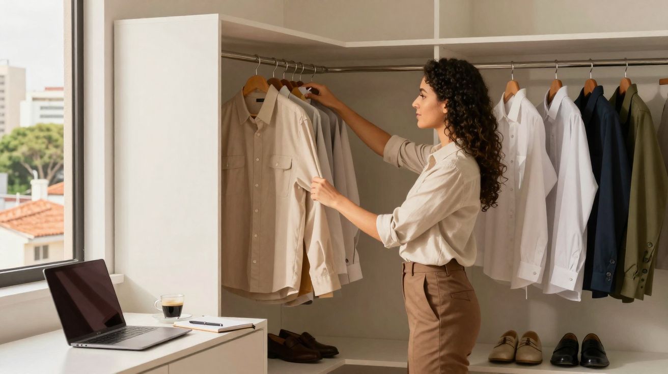 Mulher escolhendo camisa em guarda-roupa organizado com roupas sociais e sapatos arrumados.