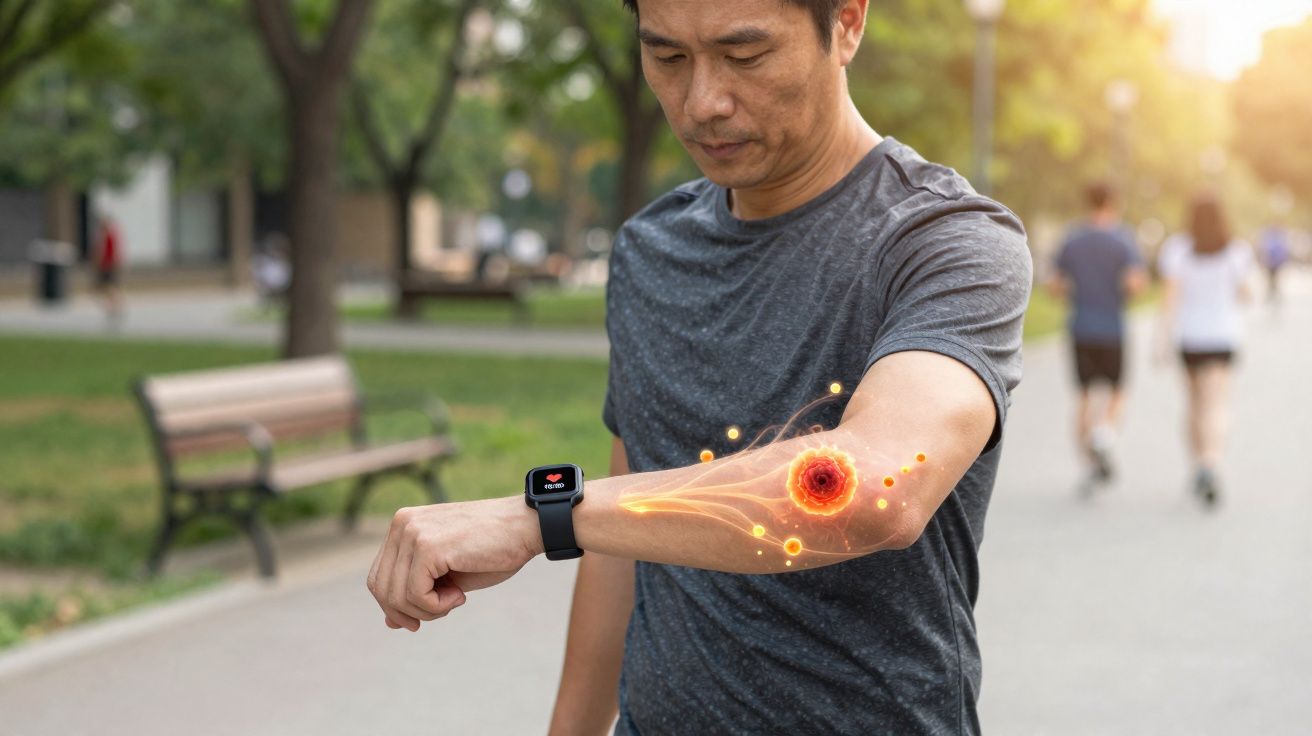 Homem olhando relógio inteligente com visualização digital do pulso e articulação no parque.