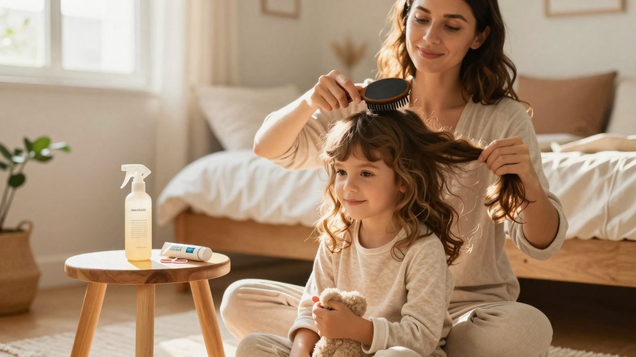 Mãe pentear o cabelo da filha pequena que segura um ursinho sentado no quarto iluminado.