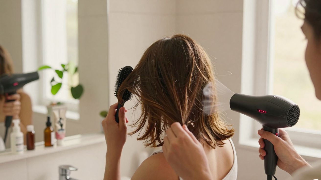 Pessoa secando cabelo com secador e escova em banheiro iluminado perto de janela.