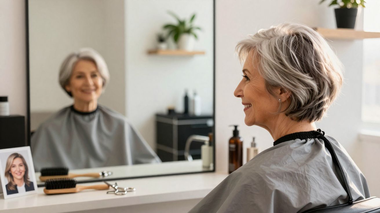 Mulher madura sorrindo sentada em salão de beleza olhando para o espelho com capa de corte.