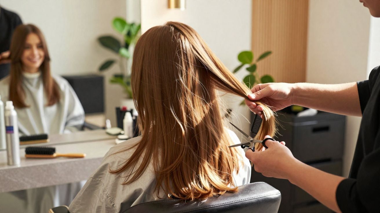 Pessoa cortando cabelo loiro, com tesoura, em salão de beleza, enquanto cliente sorri no espelho.