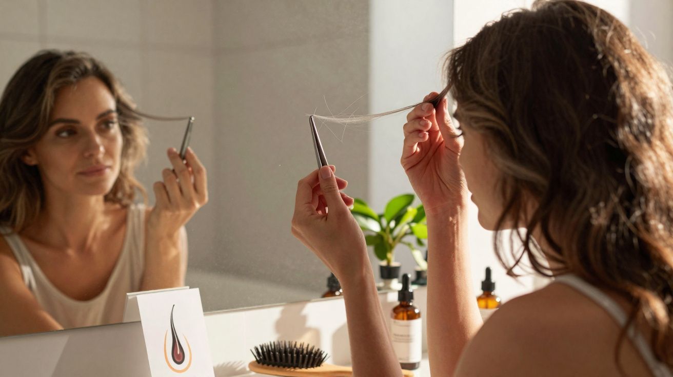 Mulher olhando cabelos quebradiços no espelho, avaliando a saúde dos fios no banheiro.