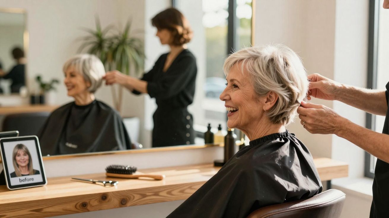 Idosa sorrindo enquanto cabeleireiro finaliza corte de cabelo em salão moderno e bem iluminado.